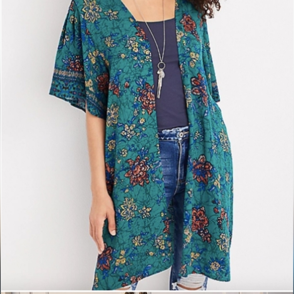 Maurices Teal Floral Mixed Print Kimono Size S New With Tags